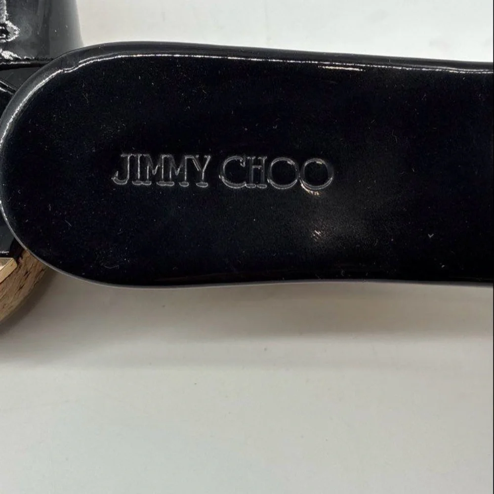 Jimmy Choo Black Patent Criss Cross Cork Wedge Platform Sandals